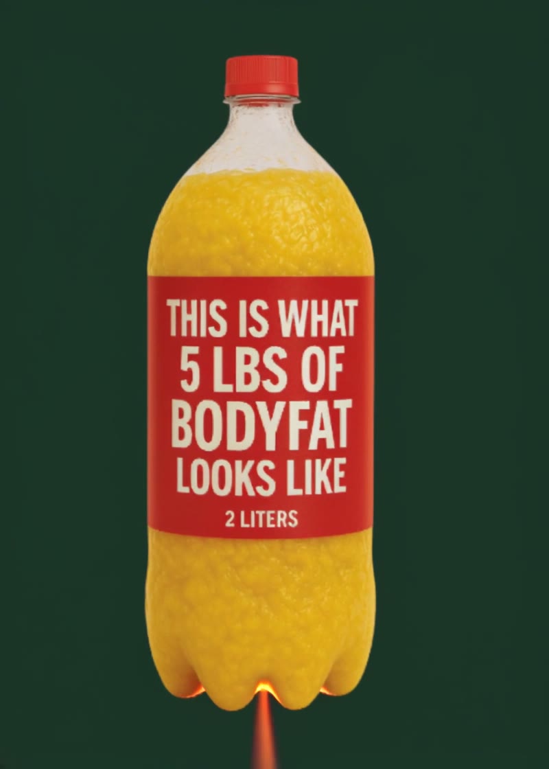 A two-litre bottle labelled as the volume of five pounds of body fat